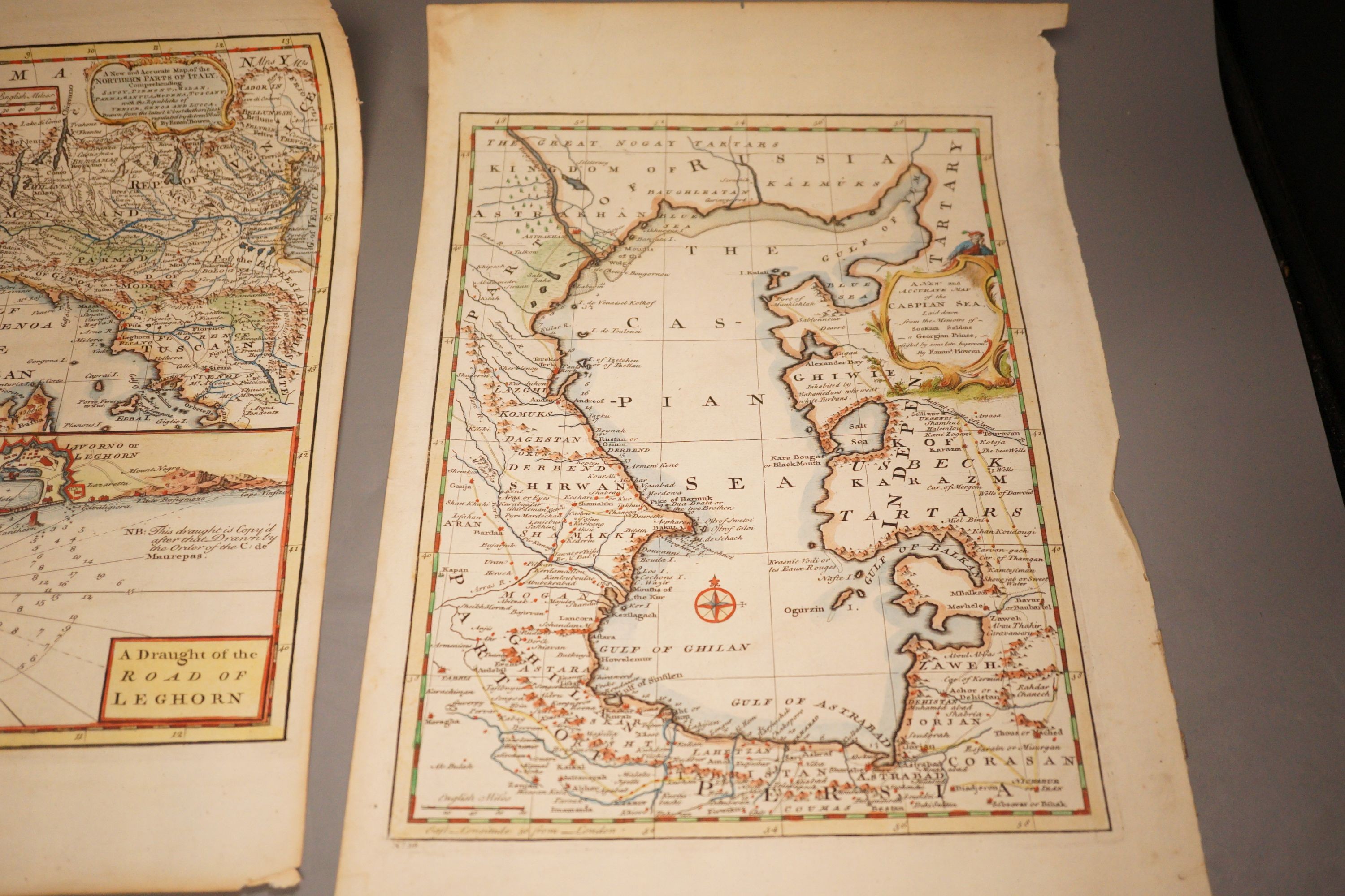 A group of 18th century unframed maps of Europe by Emanuel Bowen, Cassini etc. largest 45 cm X 60 cm
